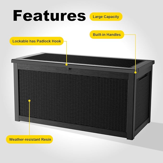 320 Gallon Waterproof Outdoor Storage Box, UV Resistant Resin Deck Box with Hydraulic Rod for Reinforced Stability, Perfect for Patio, Garden, and Pool（Black，320 Gallon）