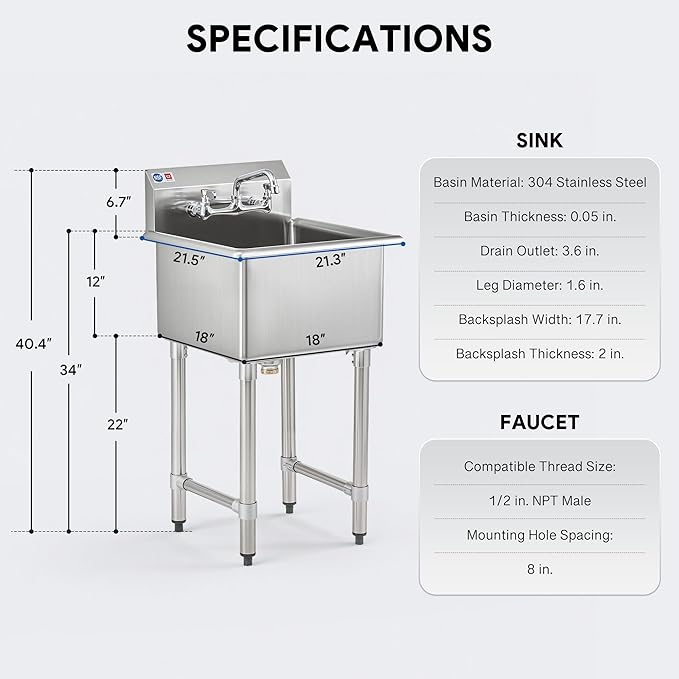 WILPREP 1-Compartment Sink, 18x18x12 in. Kitchen Sink with Strainer X-Shaped Guides Backsplash, Freestanding Single Bowl Utility Sink, Work Station Sink for Garage Kitchen Laundry Room Pet Salon