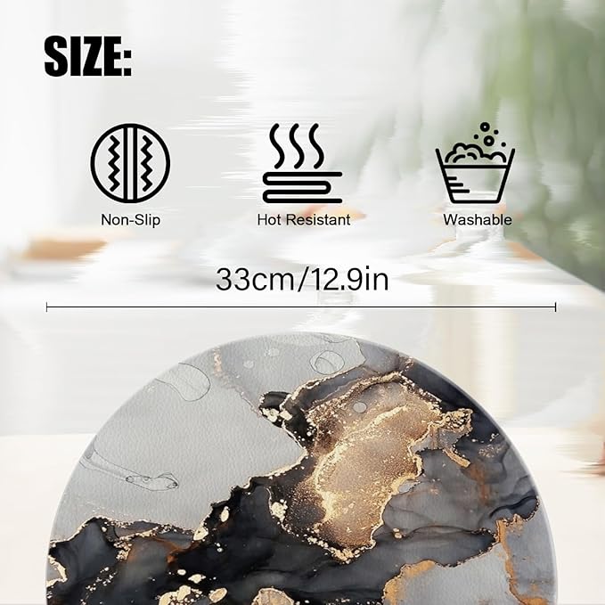 Round Placemats Set of 4,Grey-Gold Marble Ding Table Placemat Easy to Clean Heat-Resistant Waterproof Non-Slip Place Mats Kitchen Decor for Housewarming Gift,13inch