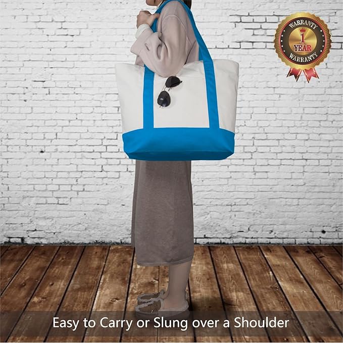 TOPDesign 1-Pack Canvas Tote Bag with an External Pocket, Reusable Grocery Shopping Bag, Top Zipper Closure, Daily Essentials (Ocean Blue/Natural)