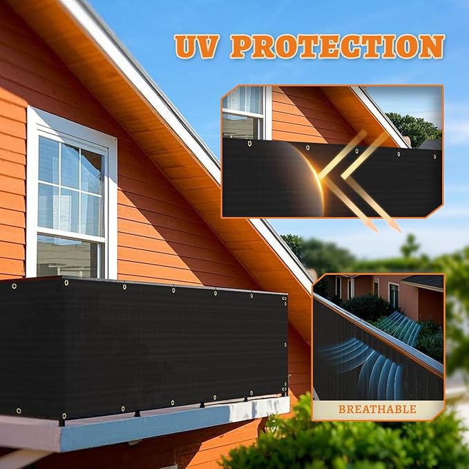 2.5' x 48' Balcony Privacy Screen Fence Cover with Zip Ties Grommets for Apartment Patio Porch Deck Backyard Outdoor (Black)