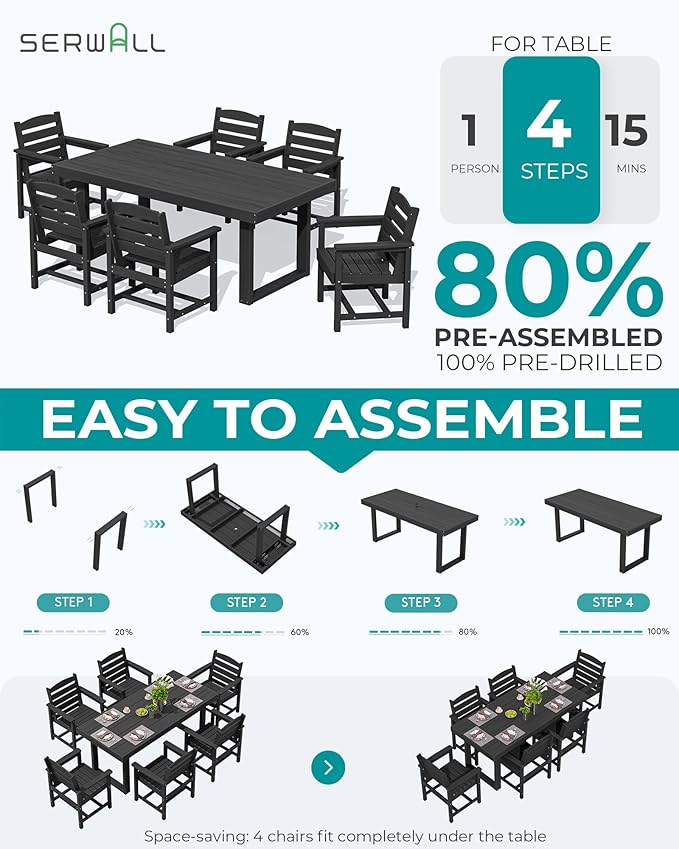 SERWALL HDPE Outdoor Dining Set for 6, 67'' All Weather Patio Dining Table and Chairs Set for Deck, Lawn, Black