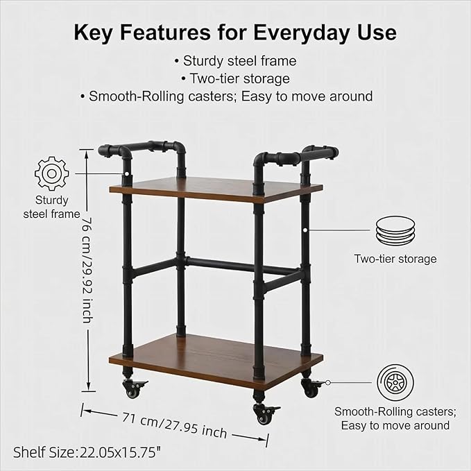 Industrial Pipe Bar Carts/Serving Carts/Kitchen Carts/Wine Rack Carts on Wheels with Shelves - Wood Rolling Carts - Wine Tea Liquor Shelves/Holder - Home Furniture (Two tiers pipe wood bar cart)