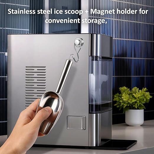 Juome 3oz Stainless Steel Ice Scoop for Freezer with Magnetic Holder, Metal Ice Scoop for Ice Machine, Small Ice Cube Scooper for Freezer Bin for Ge Profile Opal 2.0 Nugget Ice Maker