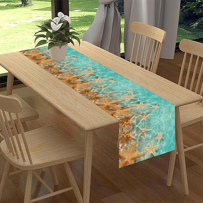 Summer Ocean Table Runner, Nautical Coastal Starfish Beach Seashell Ocean Seasonal Coffee Table Center Decor for Home Kitchen Dining Patio Holiday Party Table Decorations 13"x72"
