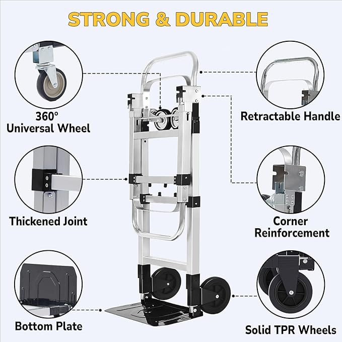 Upgraded 3 in 1 Aluminum Folding Hand Truck, 600lbs Capacity, Heavy Duty Convertible Dolly with Retractable Handle and 4 Rubber Wheels, Collapsible Cart for Moving Home, Office, Warehouse (Black)