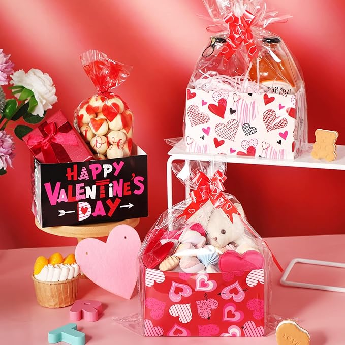 Tatuo 120 Pcs Valentines Day Baskets Gifts Empty Set Includes Valentines Empty Market Tray Cardboard Basket Clear Cellophane Bags Gift Tags Pull Bows for Wedding Holiday Birthday Party Supplies