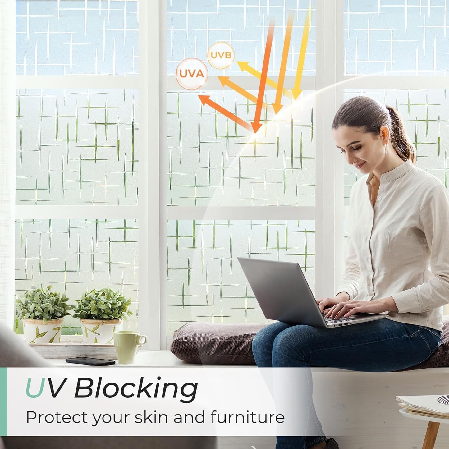 DOWELL Window Privacy Film Frosted Glass Window Film, Sun Blocking Non-Adhesive Glass Cling, Decorative Door Sticker, Self Static-Cling Tint Covering for Home Office, Cross Pattern 35.4" x 157.5"