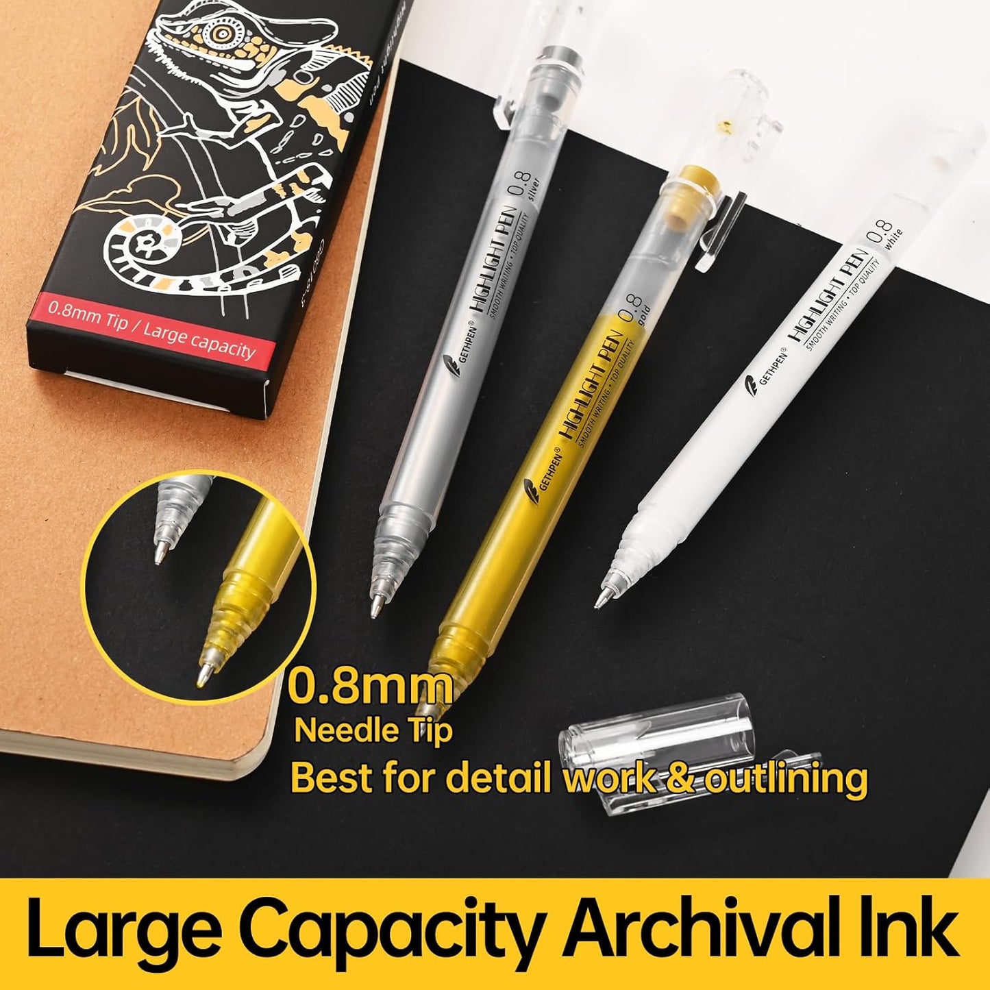 0.8mm Extra Fine Point 3 Colors Gel Pen Set White,Gold and Silver Gel Ink Pens for Artists Drawing on Black Paper, Sketching, Bullet Journaling & Holiday Crafts