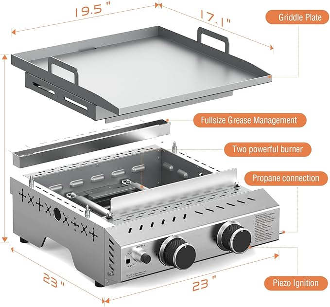 Portable 2 Burner Flat Top Grill, 23" Table Top Gas with Handle, 333 Sq. In. Cooking Area, 16000 BTU Outdoor Griddle for Kitchen, BBQ, Camping, Stainless Steel
