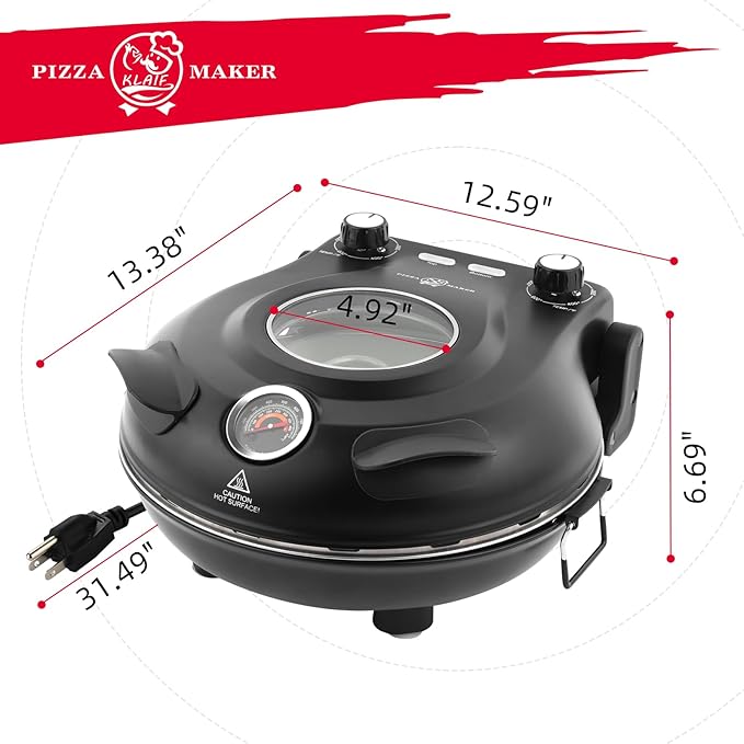 KLAIF 12" Electric Countertop Pizza Oven Indoor With Ceramic Stone, Dual Adjustable Temperature Controls, Includes 4 Pizza Tools, LMC-Black
