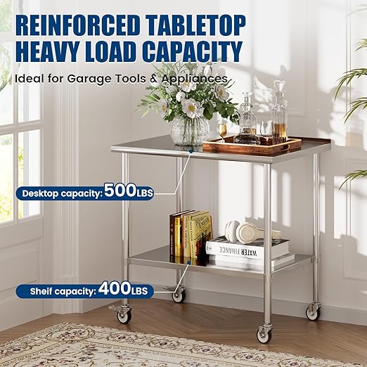 Stainless Steel Work Table with Wheels, 30x48 Inch NSF Food Prep Table with Backsplash & Adjustable Undershelf for Kitchen, Restaurant, Garage