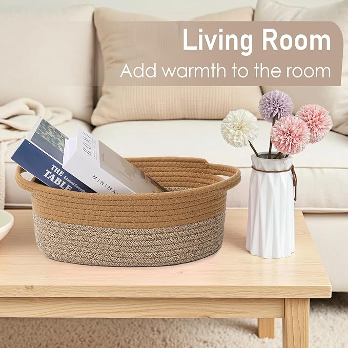 Woven Basket,Small Rope Storage Bin with Handles & Ribbon Bag, Organizer for Shelves Closets,Gift Basket Empty for Birthday,Books,Dog Toys, Jute&Brown/2 Pack