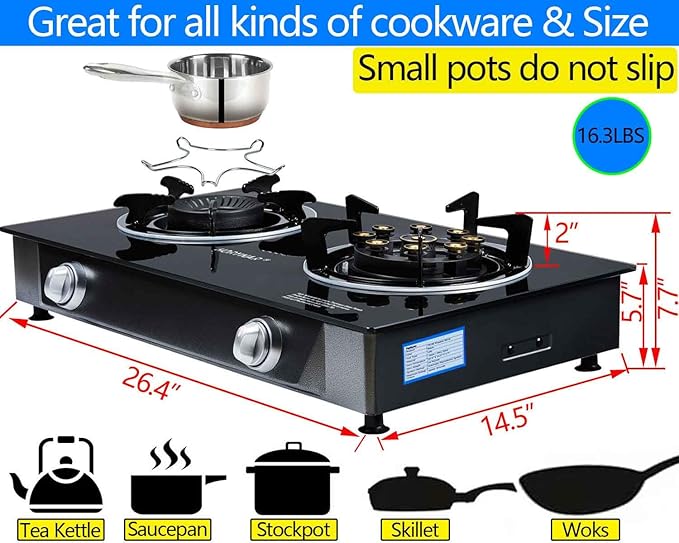 Propane Stove 2 Burner Gas Stove Novel 9 Copper Propane Burners Auto Ignition Tempered Glass with LPG CSA Hose for Outdoor Cooking,Emergency