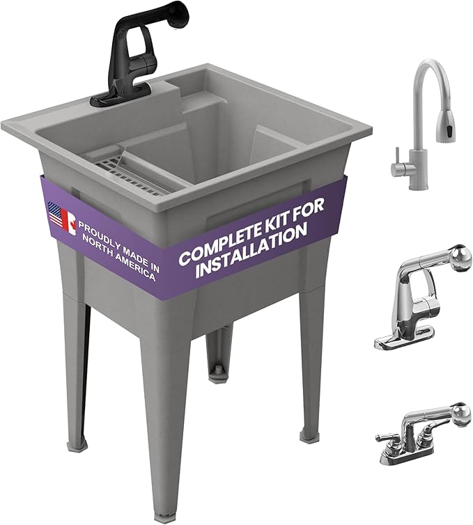 Freestanding Utility Sink with One Handle Black Faucet - 24" Plastic Utility Sink for Garage, Laundry, Indoor and Oudoor Use - Laundry Tub Kit by Noah William Home - Grey (19.5 gal)