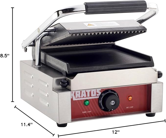 Kratos Commercial Electric Panini Sandwich Grill with Grooved Top and Smooth Bottom Plates, 9" x 9" Cooking Surface, Commercial Countertop Panini Press, 120V, 1750W (29Y-019)