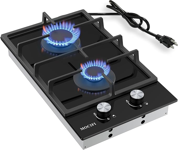2 Burner Gas Cooktop, 12 Inch Built-in Propane/LPG/NG Dual Fuel Stove, Black Tempered Glass Hob with Thermocouple Protection & Adjustable Flame, for Apartment, Kitchen, RV