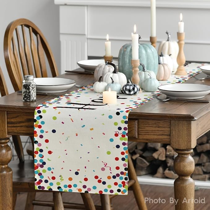 Artoid Mode Polka Dot Beige Happy Birthday Table Runner, Seasonal Kitchen Dining Table Decoration for Home Party Decor 13x120 Inch