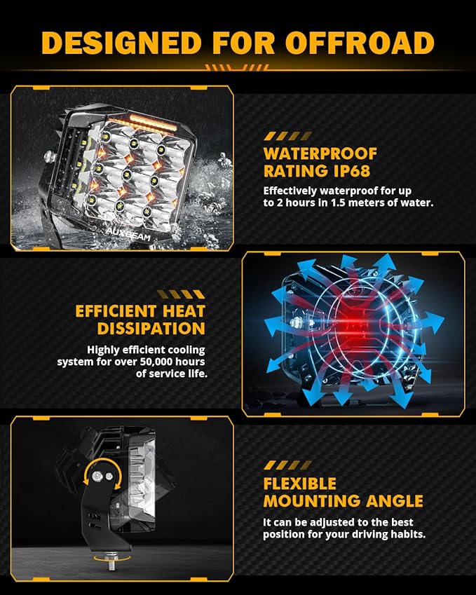 Auxbeam V-MAX Series LED Pod Lights, 7 Inch Offroad Driving Cube Lights with Amber DRL& Backlight, 228W Super Bright Spot Flood Combo Beam Universal Auxiliary Ditch Light with Amber Cover, 2PCS