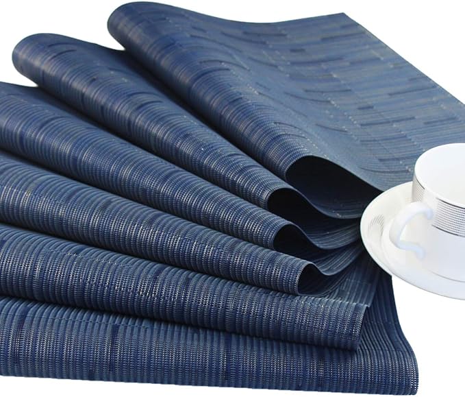 PIGCHCY Elegant Placemats with Matching Table Runner,Washable Durable Durable Vinyl Woven Table Mats Sets(6pcs Placemats+1pcs Table Runner,Same Style,Navy Blue)