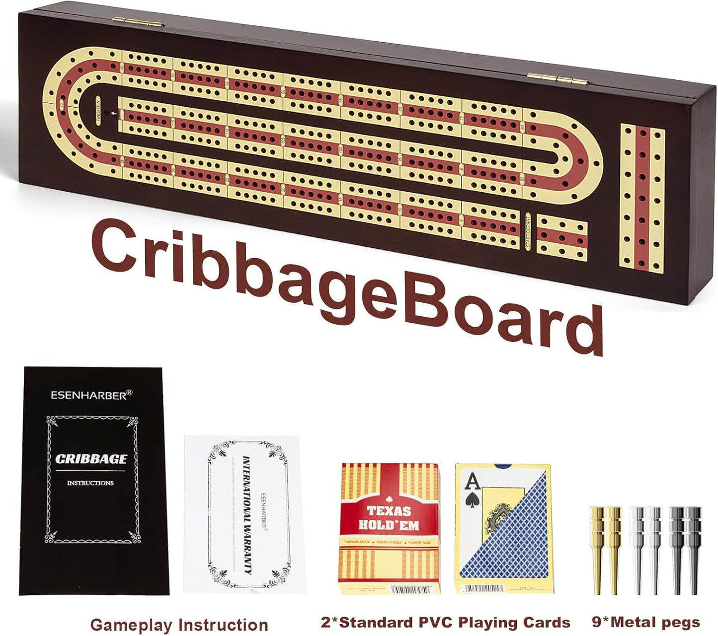 Cribbage Board Game Set, Premium Wooden Board with Magnetic Lock and Metal Pegs, 2 Playing Cards, and Large Storage - Travel-Friendly Continuous 3 Track Board