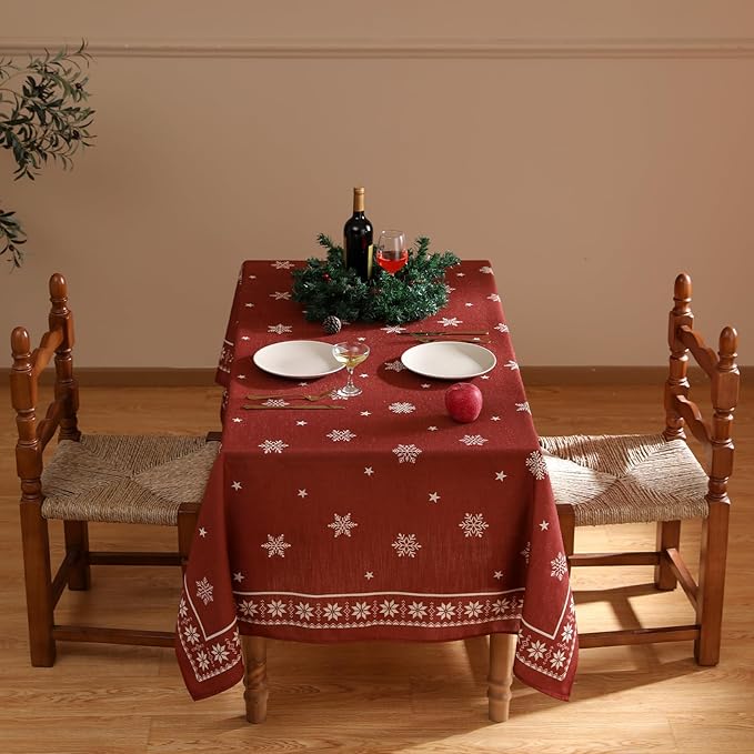 ISAENNE Designer Christmas Red Long Rectangular Tablecloth,Linen Table Cloth with Snowflakes Pattern,Wrinkle Resistant Decor Tablecloths for Dining Kitchen Thanksgiving Christmas,63"*102"-Carol C