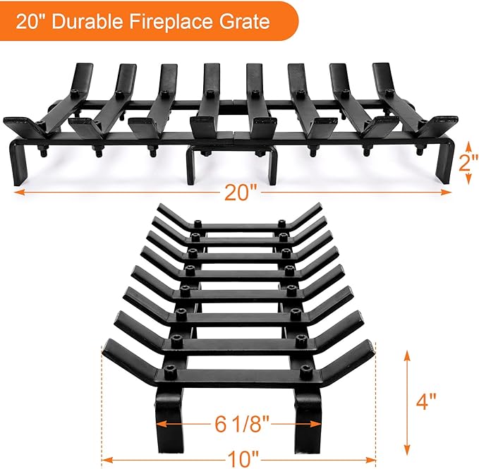 20" Fireplace Grate Wood Stove Grate Rack Stove Burning Rack Heavy Duty Solid Steel 8-Bars Firewood Holder Easy Assembly Fire Grate for Indoor Hearth Outdoor Firepit Matt Black