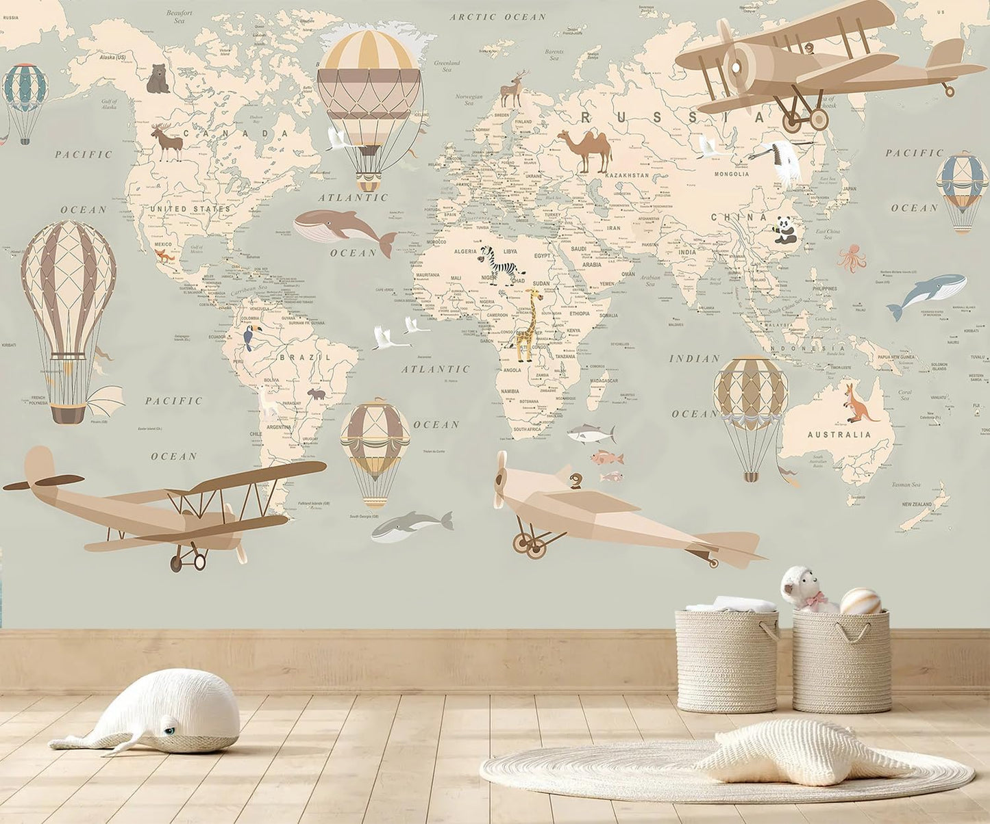 AFZEVEB-Vintage Animal Wallpaper Cartoon Aircraft Map Wall murals for Kids Room 159"x107"(Not Peel and Stick)