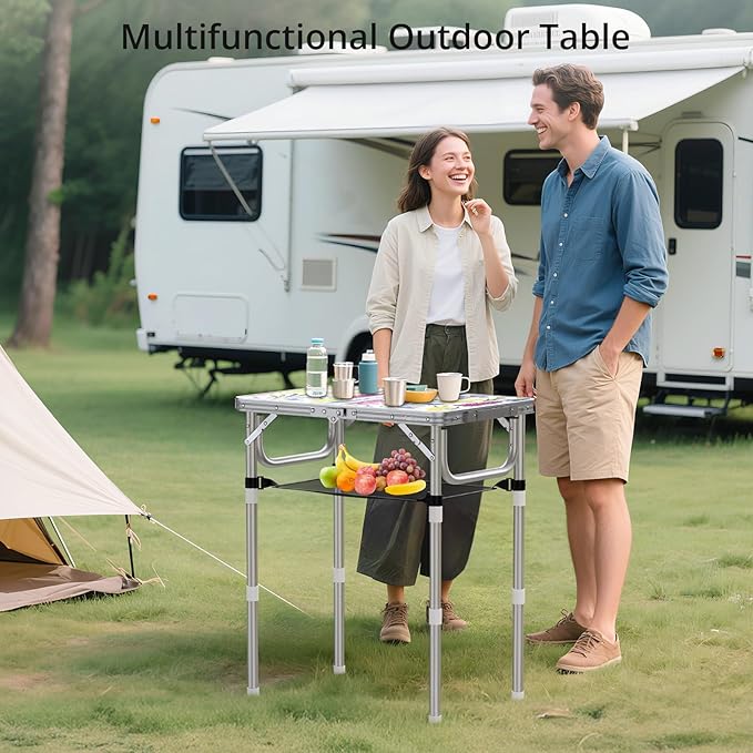 Anbte 2ft Folding Camping Table, 3 Adjustable Height Max 27.5" Small Folding Table with Storage Net Lightweight & Portable with Carry Handle, for Outdoor Indoor Camping Beach BBQ RV, Blooming Floral