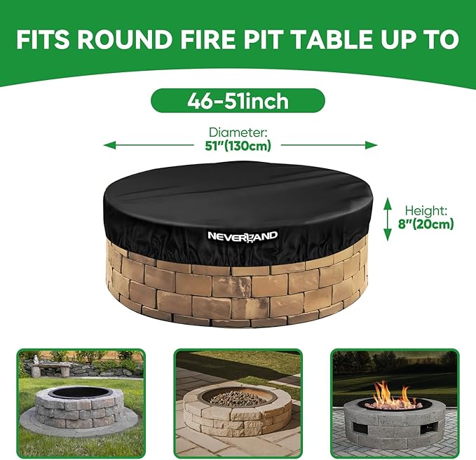 NEVERLAND Round Fire Pit Cover for In-Ground Fire Pits, 46-51 Inch Heavy Duty 600D Waterproof Outdoor Firepit Cover, Fits Built-In Stone Fire Pits, Black