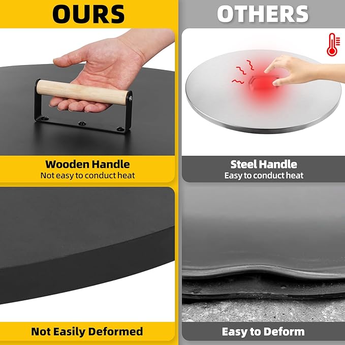 G GOOD GAIN Firepit Lid Round 28 Inch - Rust Resistant Fire Pit Lid Cover with Wooden Handle & Gloves, Fire Pit Snuffer Lid for Courtyards, Patio, Winter Cold Protection.