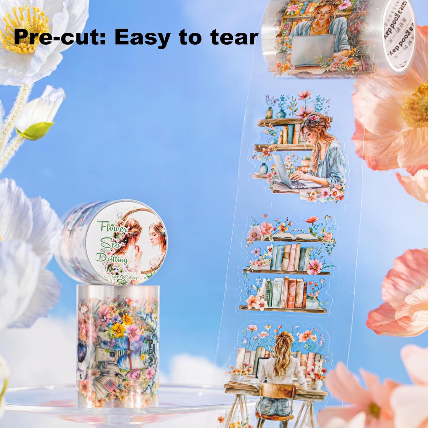 Dreamy Floral PET Tape Set with Clip, 6 Rolls Pre-Cut Vintage Tape for Journaling, Scrapbooking, DIY Crafts, and Planners