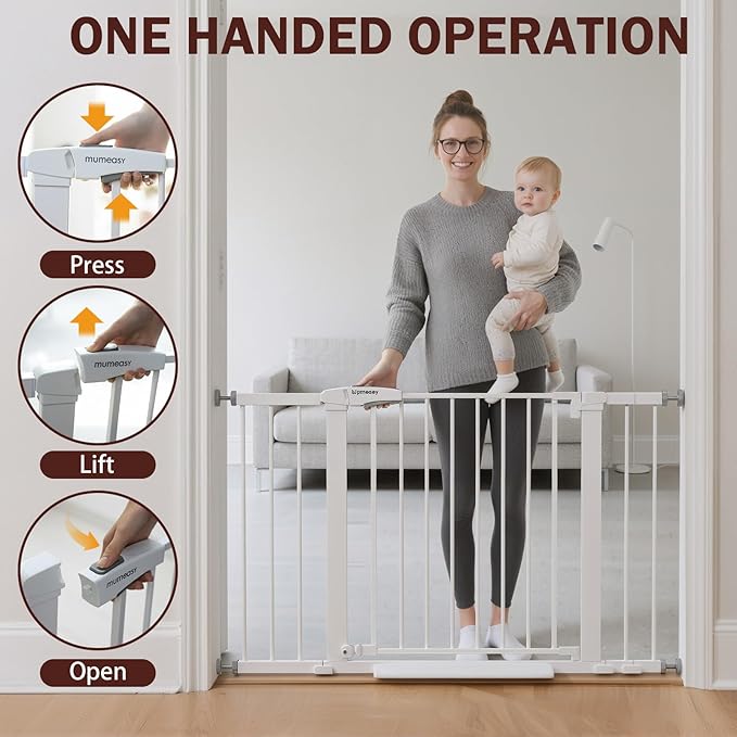 29.7-46" Extra Wide Baby Gate for Stairs, Pressure Mounted Dog Gate Indoor for Doorways, Auto Close Pet Gate with Walk Thru Door, Double Lock Child Safety Gate for Kids and Pet, No-Trip Design