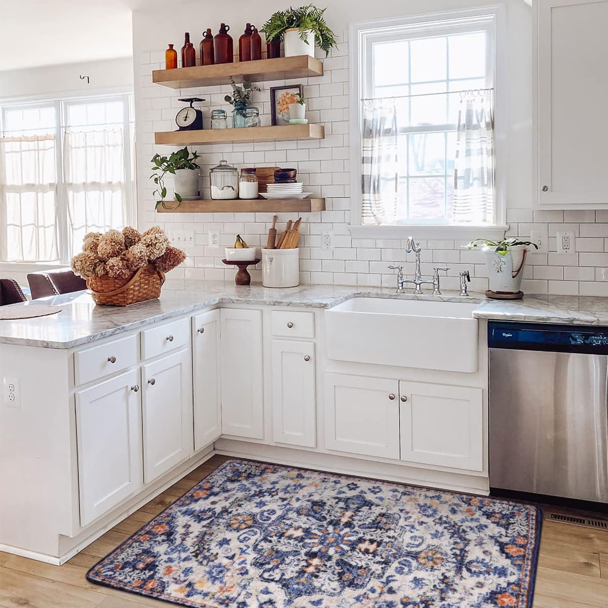 Lahome Bohemian Floral Medallion Area Rug - 3x5 Blue Soft Entryway Rug Washable Bedroom Mat, Cute Non Slip Indoor Office Carpet for Kitchen Mudroom Bathroom Coffee Table Hall Foyer