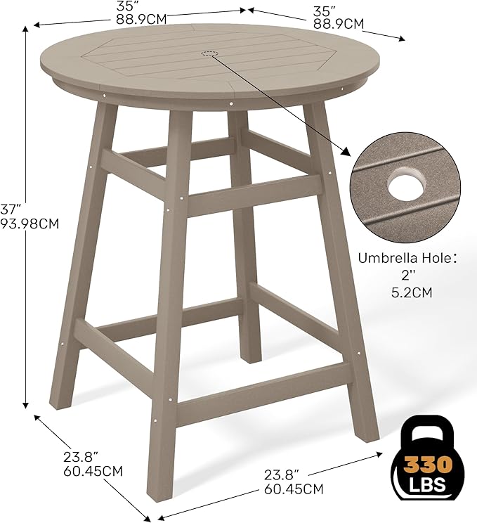 Costaelm Patio Bistro Table, 37" Counter Height Round Patio Cocktail Bar Table with Umbrella Hole, Outdoor Bistro Dining Pub Table for Front Porch Deck Backyard Garden, Weathered Wood