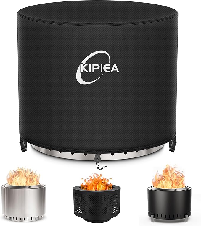 Kipiea Round Fire Pit Cover for Solo Stove Bonfire - 100% Waterproof Smokeless Fire Pit Cover, Upgraded 600D Strong Tear and UV Resistant - 22" Dia X 16" H