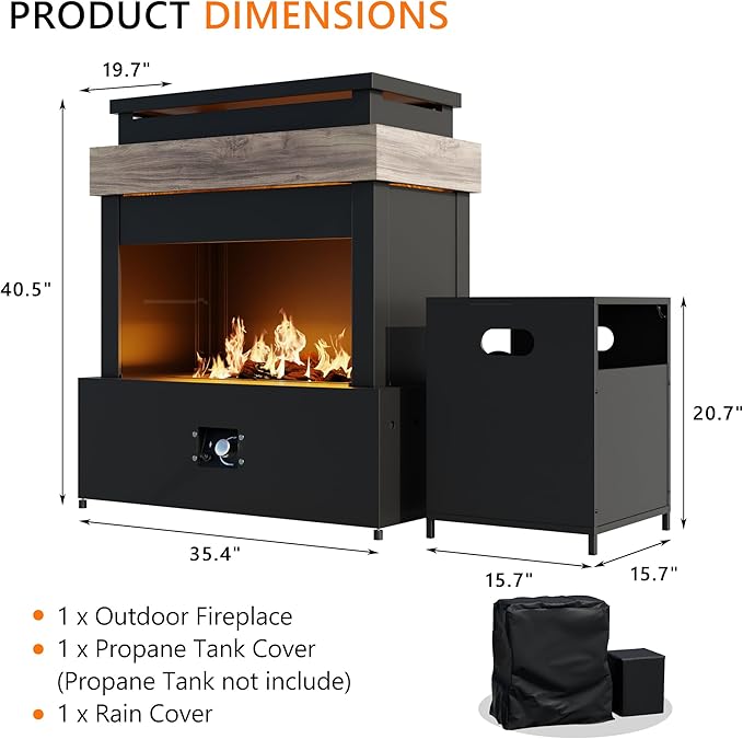 40.5''x35.4'' Propane Outdoor Fireplace, 50,000 BTU Patio Vent-Free Gas Heater, CSA Certified Grey & Black Weather-Resistant Steel, Realistic Ceramic Logs, Rain Cover Included