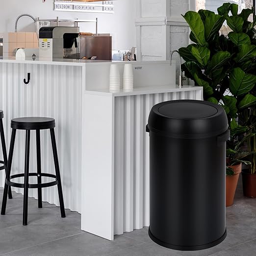 GarveeHome 17 gal/65 L Swing Top Trash Can, Stainless Steel Rubbish Bin, Commercial Grade Waste Container, Round Garbage Can for Outdoor, Home Office, Restaurant, Black