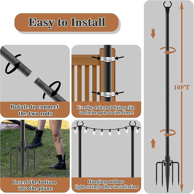 2 Pack String Light Poles,Metal Poles for Hanging Outdoor Light Strings,2 Pack 10 FT Light Poles Stand for Outside Garden,Patio,Wedding,Backyard,Deck,Party