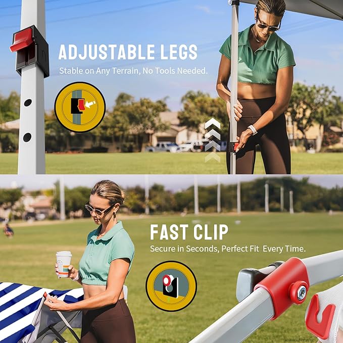 CROWN SHADES 10x10 Pop Up Canopy - Beach Tent with One Push Setup - Outdoor Sun Shade for Events, Parties, Camping - STO-N-Go Cover Bag, Silver Coated Top, 3 Height& 4 Sand Bags, Navy Blue Stripes