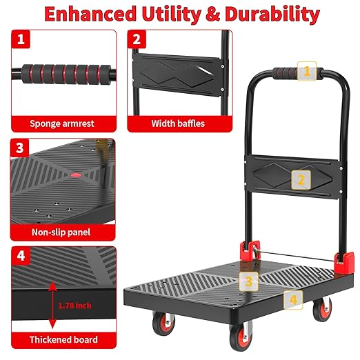Push Cart Dolly - Foldable Heavy - Duty Flatbed Platform Cart with 360 - Degree Rotating Wheels for Moving in Food Truck and Trailer, Load Capacity 330 lbs, Black Red