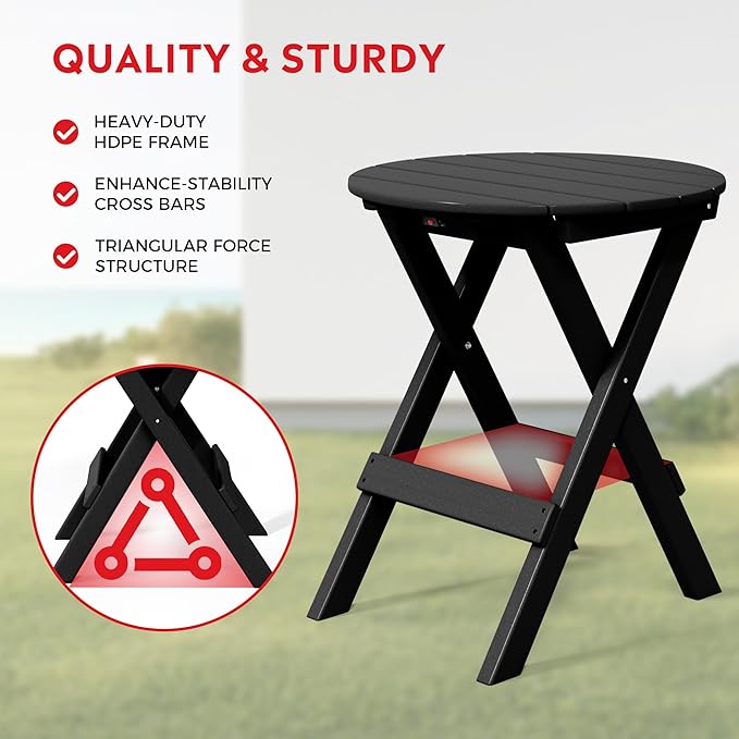 Costaelm Paradise HDPE Outdoor 24.5 Inch Round Portable Folding Patio Dining Table, Black