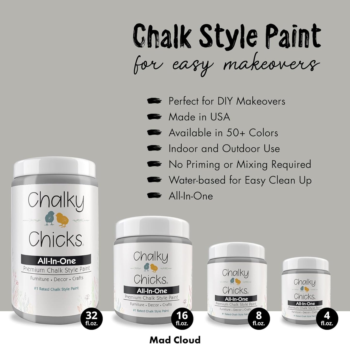 Chalky Chicks All-in-One Chalk Paint for Furniture or Cabinet - 32 Fl Oz - Matte Finish Mad Cloud (Light Gray) for Metal, Wood Furniture Paint - No Sanding All-in-One for Home Decor & Crafts, USA Made