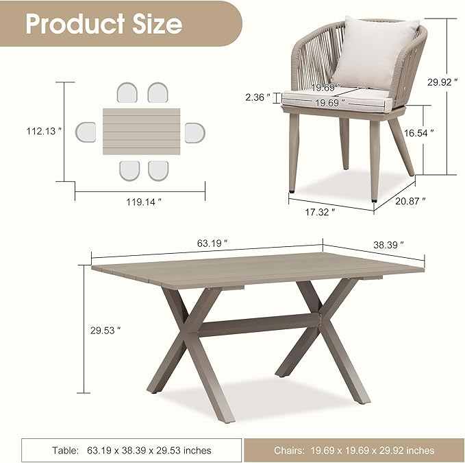 PURPLE LEAF 7 Pieces Patio Dining Set Wicker Outdoor Furniture Rectangular Table and Chairs Set for Garden Deck Aluminum Frame Backyard Kitchen Set, Cushions and Pillows Included Champagne
