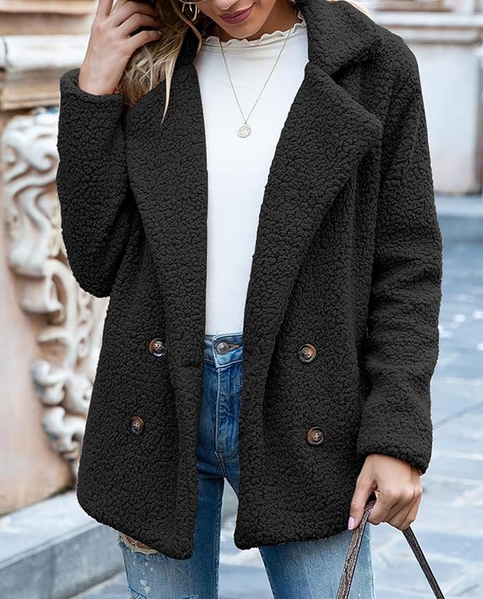 Women's Winter Warm Plush Cardigan Fuzzy Fleece Lapel Jacket with Buttons Pockets Long Sleeve Casual Outerwear