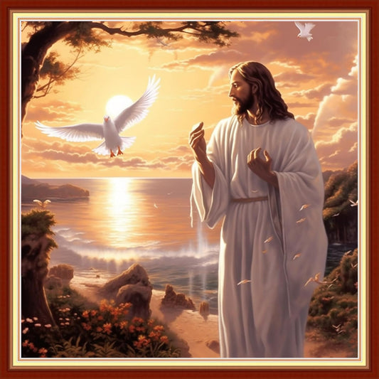 Foxdiviy Stamped Cross Stitch Kits Full Range of Embroidery Needlework Starter Kits for Beginners Adults 11CT Embroidery Patterns Art Crafts DIY Needlepoint Kits-Jesus by The Sea 18x18 inch