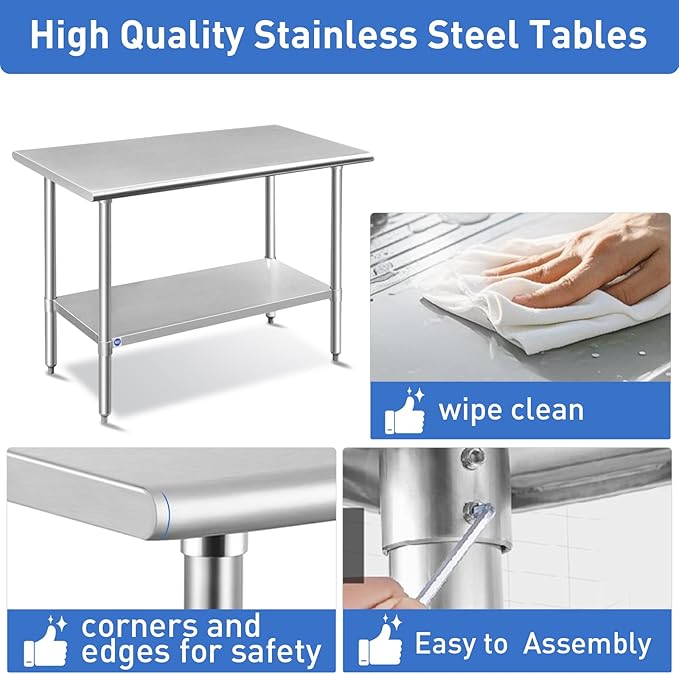 ROCKPOINT Stainless Steel Table for Prep & Work 18x72 Inches, NSF Metal Commercial Kitchen Heavy Duty Table with Adjustable Under Shelf and Table Foot for Restaurant, Home and Hotel