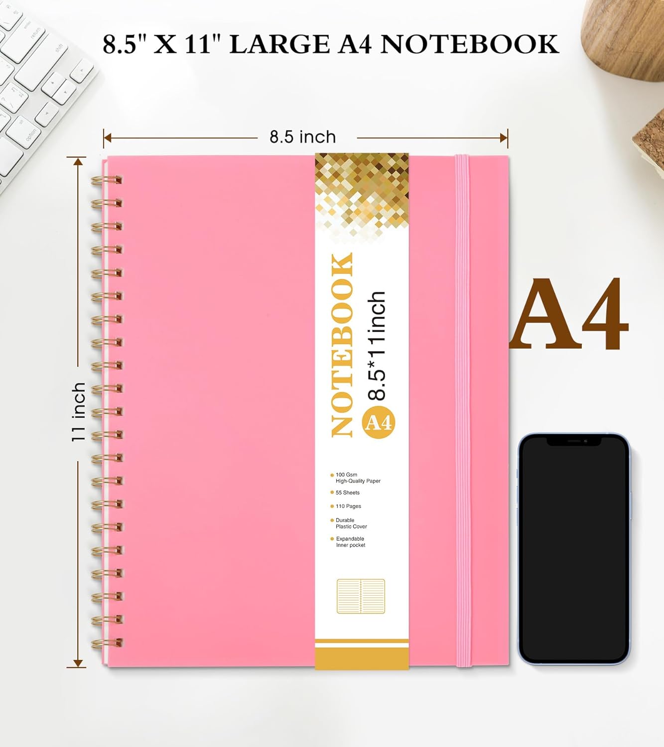 Spiral Notebook Journal 8.5” x 11”, A4 Large Pink Notebooks for Women Men, College Ruled Lined Journal, 100 GSM Paper, Plastic Hardcover Spiral Bound Journals for Work School Note Taking Business