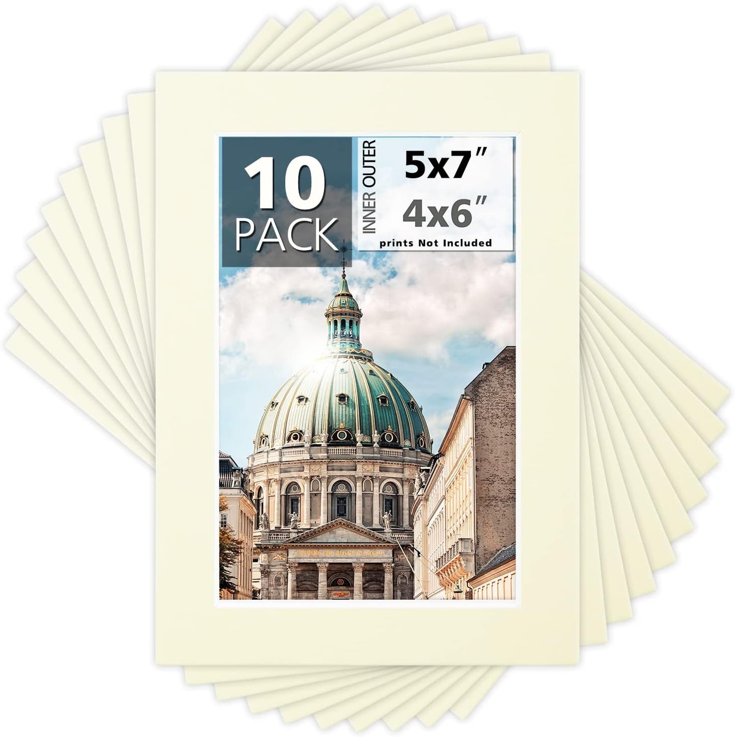 Mat Board Center, Pack of 10, 5x7 for 4x6 Ivory Color Mats - Bevel Cut, Acid Free, 4-ply Thickness, White Core - for Pictures, Photos, Framing