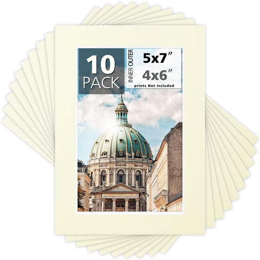 Mat Board Center, Pack of 10, 5x7 for 4x6 Ivory Color Mats - Bevel Cut, Acid Free, 4-ply Thickness, White Core - for Pictures, Photos, Framing
